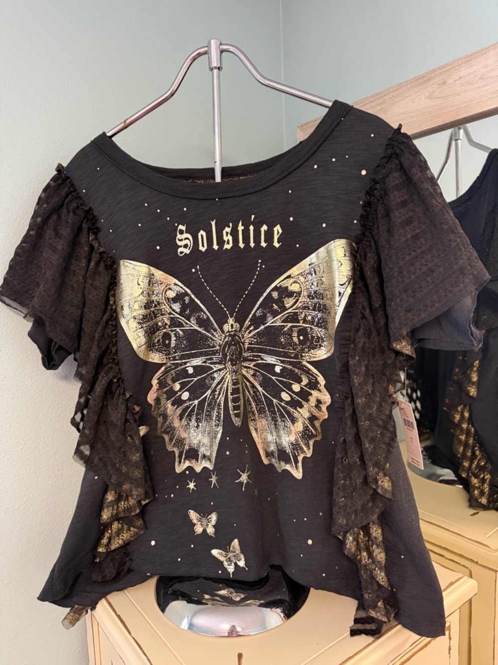 Pilcro Anthropologie Butterfly Graphic Top Lace Sleeve Boho Oversized S NWT